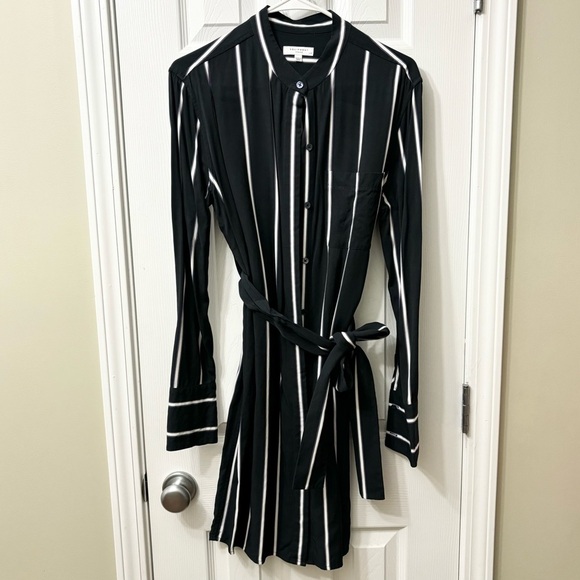 Equipment Ravena Silk Blend Stripe Belted Collarless Shirt Dress Womens Sz Large - Picture 2 of 8
